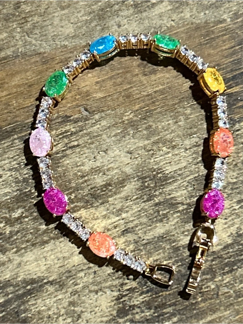 Candy Gold tone Multi-Color Gemstone Bracelet fold over clasp costume Jewelry